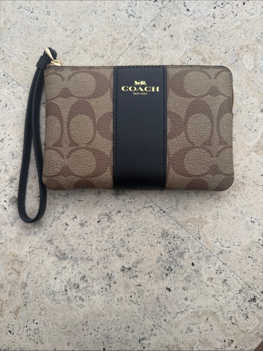 Coach Brown Signature Canvas Wristlet with Black Center Stripe